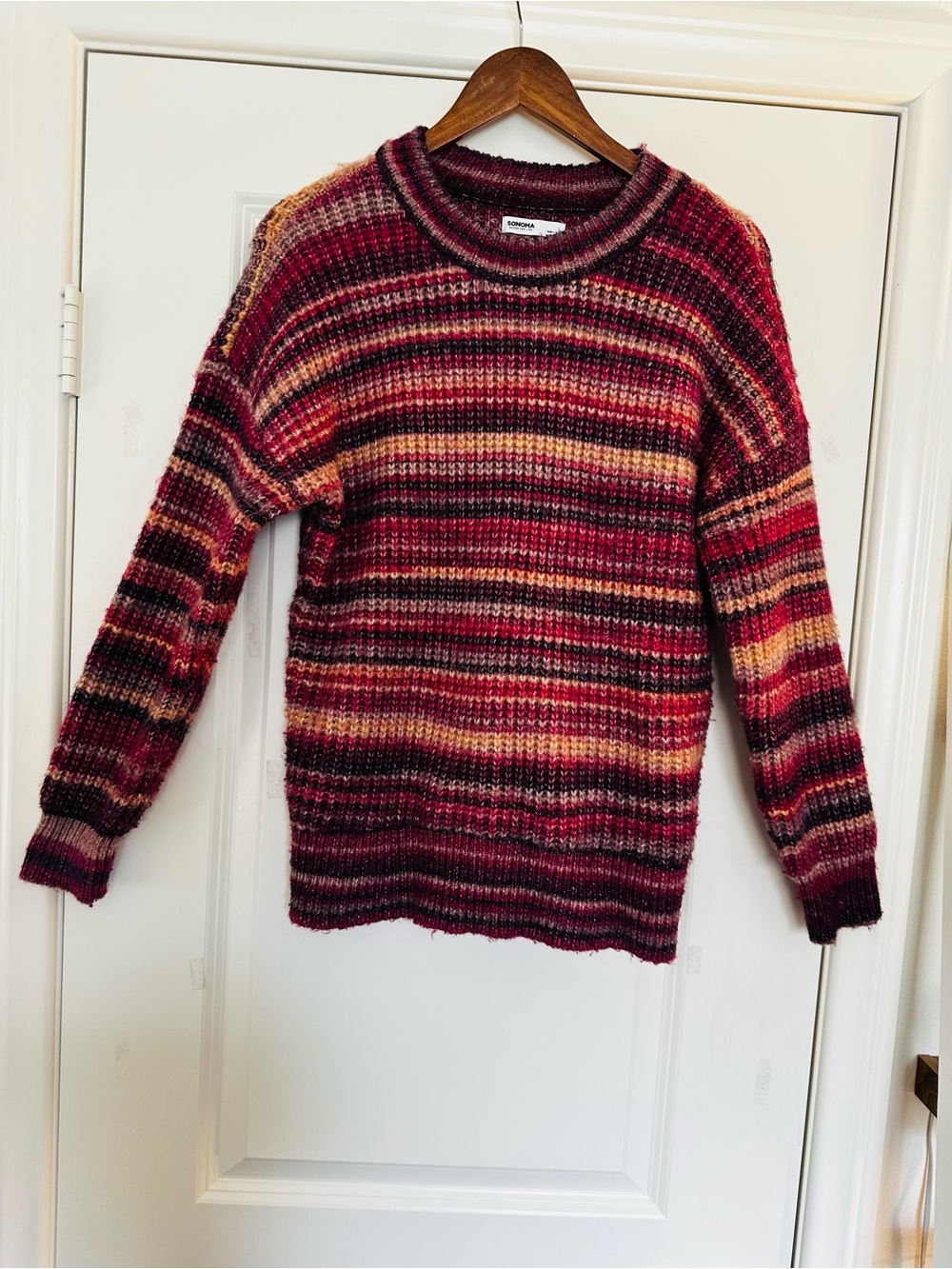Sonoma Striped Crewneck Sweater - Burgundy, Pink & Gold Large